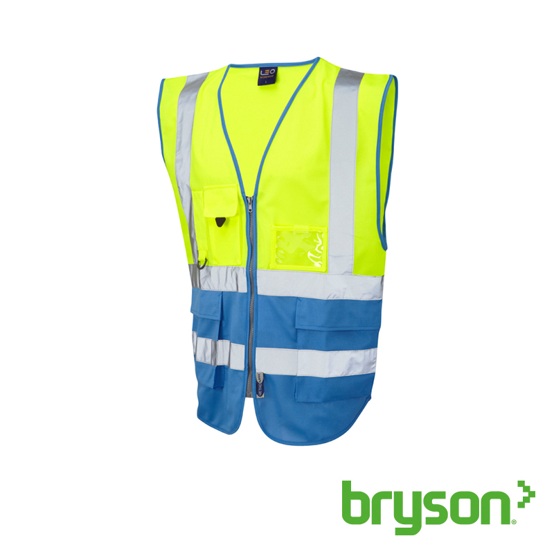 Leo Workwear Lynton Executive Hi Vis Waistcoat - Yellow/Royal Blue
