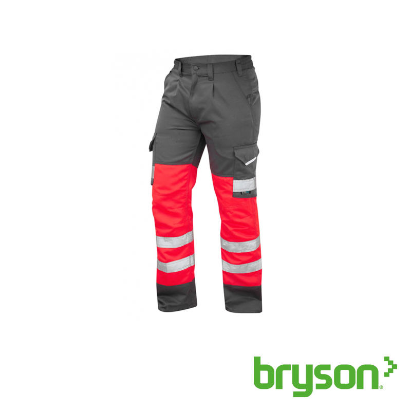 Leo Ladies EcoViz Poly/Cotton Cargo Trouser Red / Grey