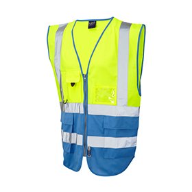 Leo Workwear Lynton Executive Hi Vis Waistcoat - Yellow/Royal Blue