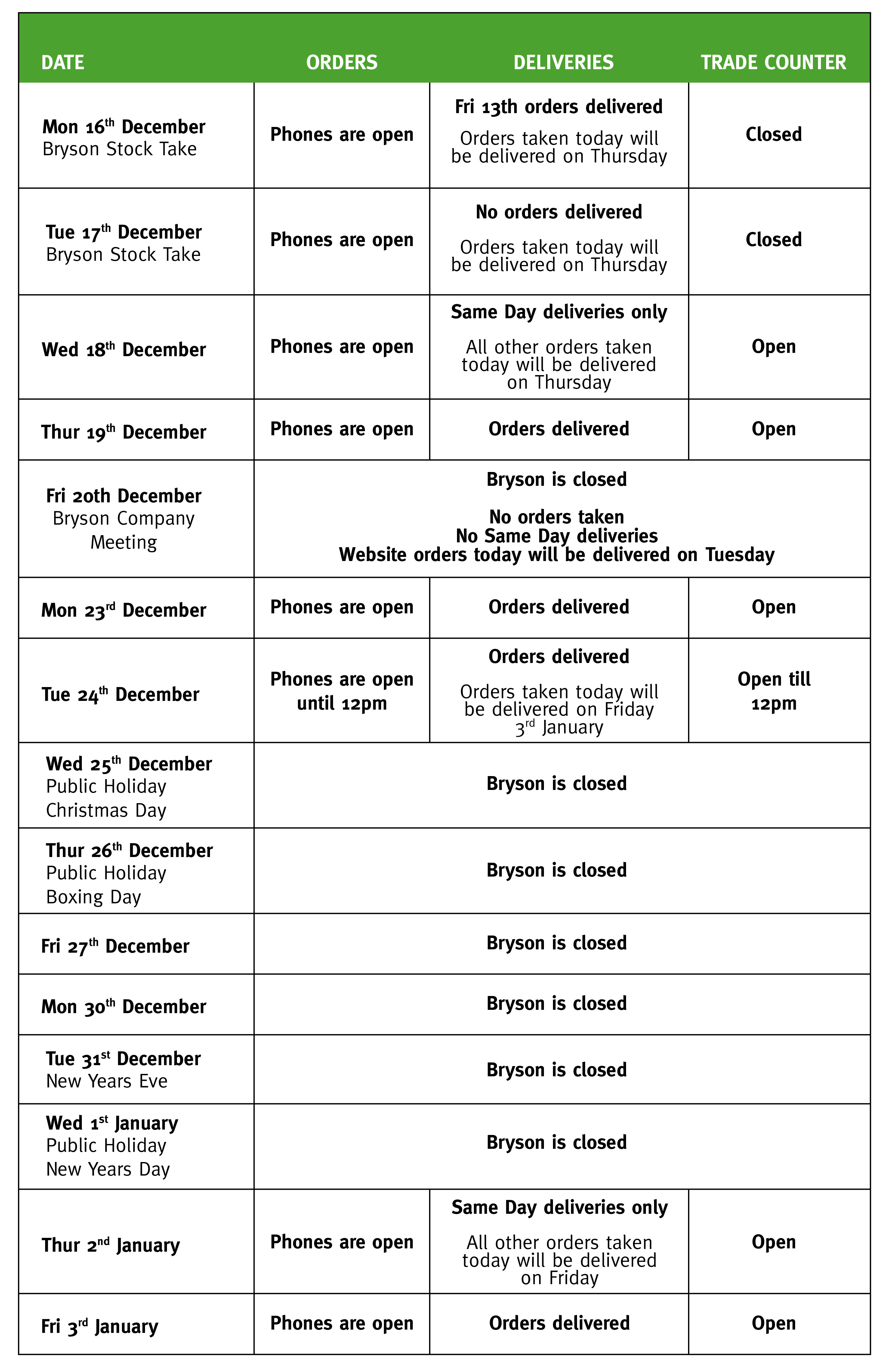 Bryson Festive Opening Hours
